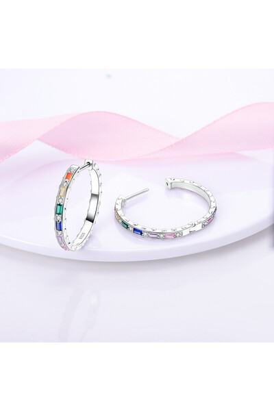 delis Long Round Hoop Earrings in 925 Silver, Rhodium Plated, Modern and Minimalist Style