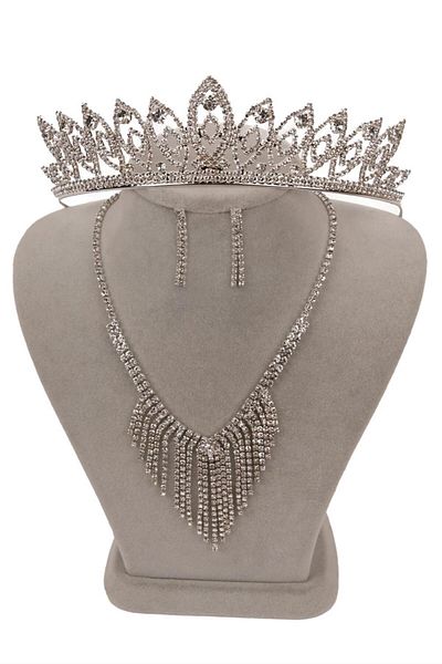 Hayalperest boncuk Set de cercei și colier de rochie de seară Mia Stone și coroană de mireasă cu frunze subțiri de flori