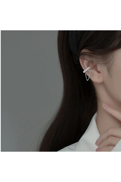 delis Cercei Ear Cuff Argint 925, Jw1076, Model Perlute Cu Lant, Placati Cu Rodiu