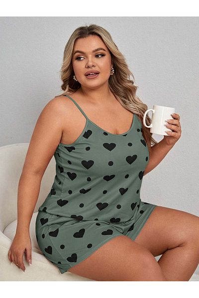 RoseOfNuit Combed Cotton & Stretchy Strappy Top and Shorts Nightgown Set (Big Size)
