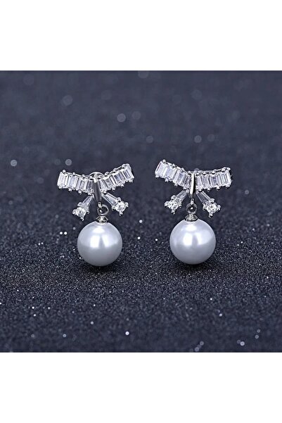 delis 925 Silver Pearl Bow Earrings with Zirconia, Rhodium Plated
