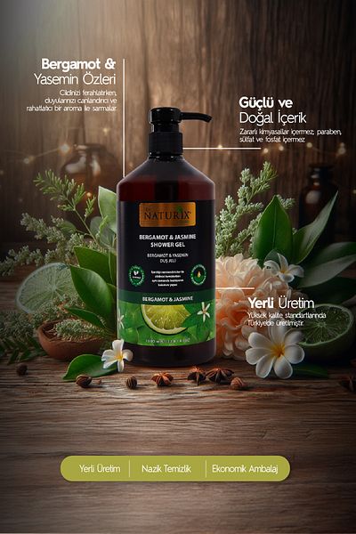Naturix Bergamot & Jasmine Shower Gel - Refreshing, Aromatic and Moisturizing Daily Cleansing Gel 1000ml
