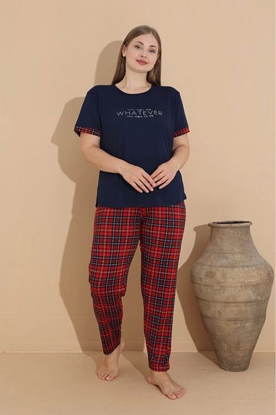 Pijamoni Pijamoni Large Size Milan Fabric Zero Collar Short Sleeve Navy Blue Pajama Set