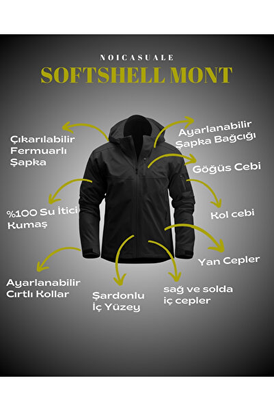 NoiCasuale Yağmur Rüzgar Su Geçirmez İçi Polarlı Kol Cep Detaylı Bilek Cırtlı Softshell Mont