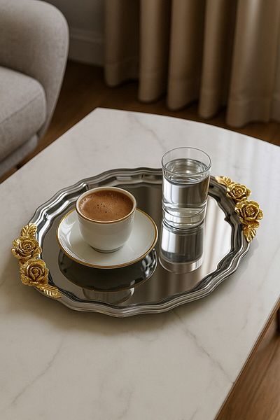 Arma House Silver Colored Mirror Surface Rose Figured Oval Presentation Tray & Engagement Tray 24X16 cm