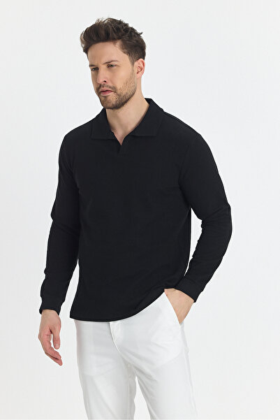 Frappoli Ανδρικό μαύρο πόλο γιακά Volex Slim Fit Lycra βαμβακερό φούτερ - Μακρύ μανίκι