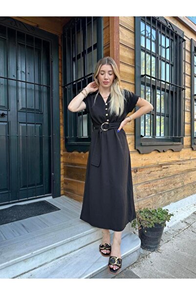 CKBUTİK Siyah Kol Detaylı Gold Düğmeli Keten Elbise