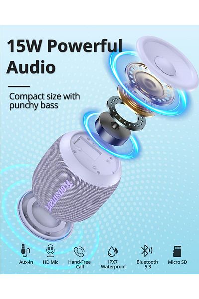 Tronsmart T7 Mini Compact Portable Bluetooth Speaker With Lights, Stereo Sound, Bluetooth 5.3-violet