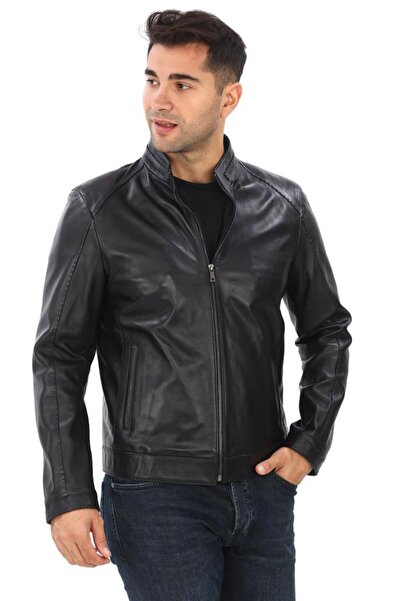 Sanalbolluk Hakim Yaka Punto Dikişli spor Erkek Deri Ceket Siyah Renk