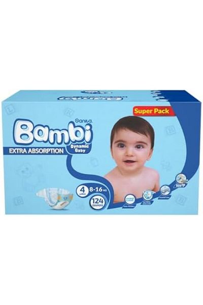 Sanita Bambi Baby Diapers, Size 4 (8-16 kg), 124 Count - Skin-Friendly with Hypoallergenic Inner Lay