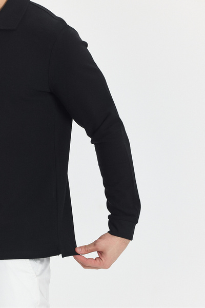 Frappoli Ανδρικό μαύρο πόλο γιακά Volex Slim Fit Lycra βαμβακερό φούτερ - Μακρύ μανίκι