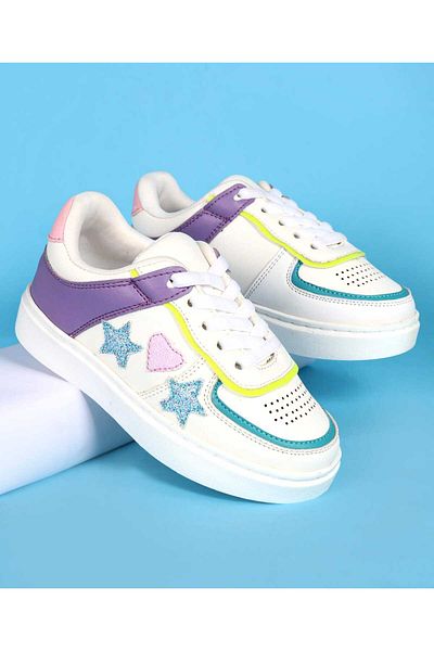 Pine kids حذاء كاجوال للأطفال من باين، برباط للإغلاق، مزين برقعة نجمة وقلب - أبيض وأرجواني
