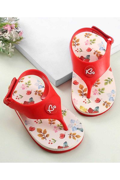 Babyoye Babyoye Flip Flops with Velcro Closure & Leaves Print - Red