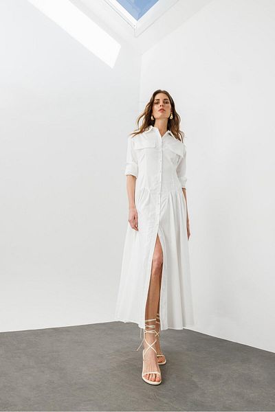 pieces of melon White Cotton Shirred Detailed Long Sleeve a Form Shirt Dress