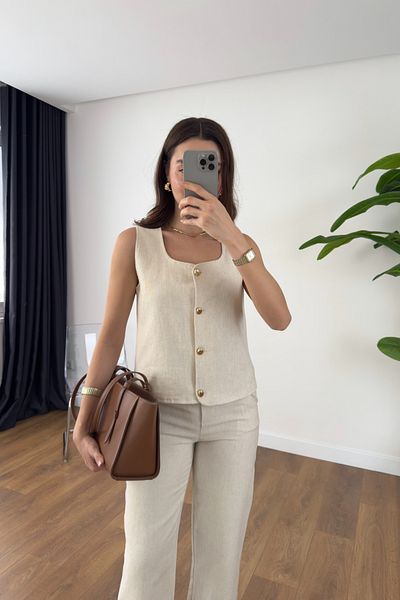 BİRCANÇİL Venka Stone Gold Buttoned Linen Vest Trousers Set