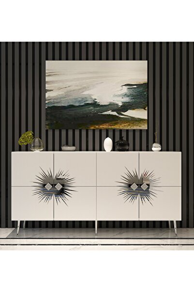 zerkaconcept Eda Konsol Tv Sehpası Çok Amaçlı Dolap Beyaz Gümüş 150 cm