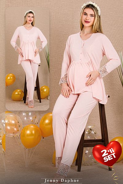 Jenny Daphne Viscose Fabric 2-Piece Lace Maternity Pajama Set 33204