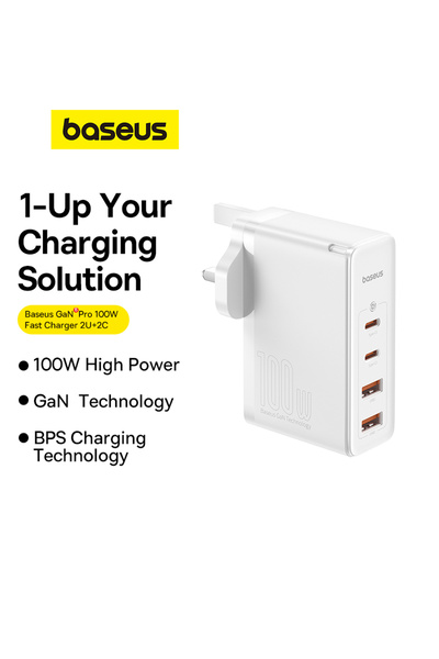 Baseus GaN5 Pro 100W Charger 2 Type-C + 2 USB-A, UK Plug with 100W Type-C Cable 1M - White