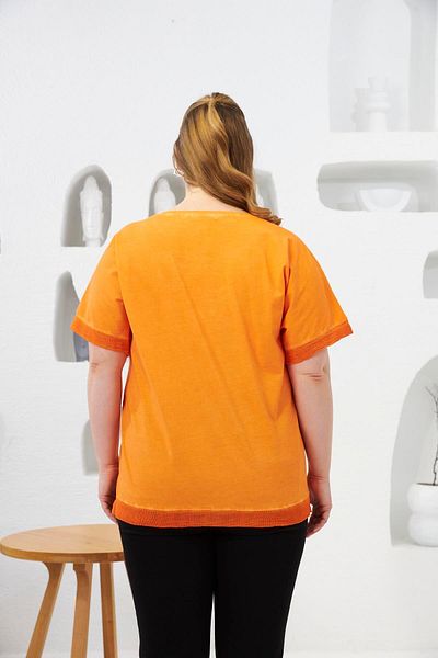 RMG Sequin Sequin Embroidered Large Size Painted T-Shirt Orange