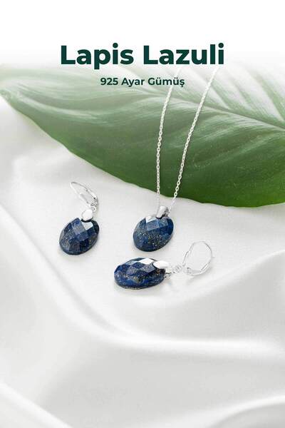 luxtone Sertifikalı Lapis Lazuli Set 925 Ayar Gümüş Kolye Küpe Doğaltaş