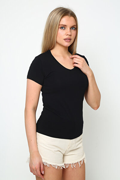 Oasis V-Neck Tight Slim Fit Black Short Sleeve Lycra Cotton Women's T-Shirt