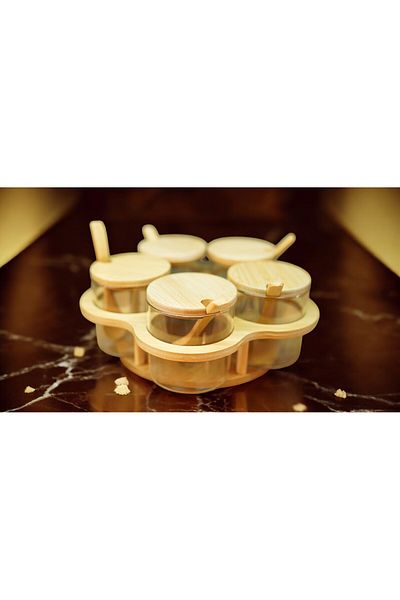 Kuka Set of 5 Glass Spice Shakers with Bamboo Lid and Swivel Stand
