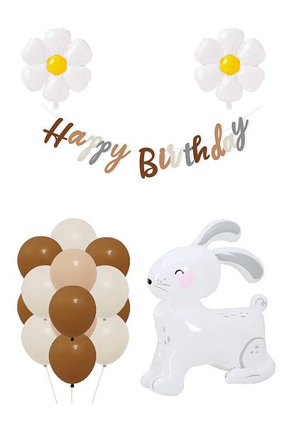 Patladı Gitti Retro Birthday Set with Daisy and Oversized 3D White Rabbit Design