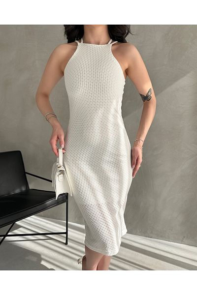 Fav Style White Women's Short Dress - Halter Neck, Back Cross and Lined