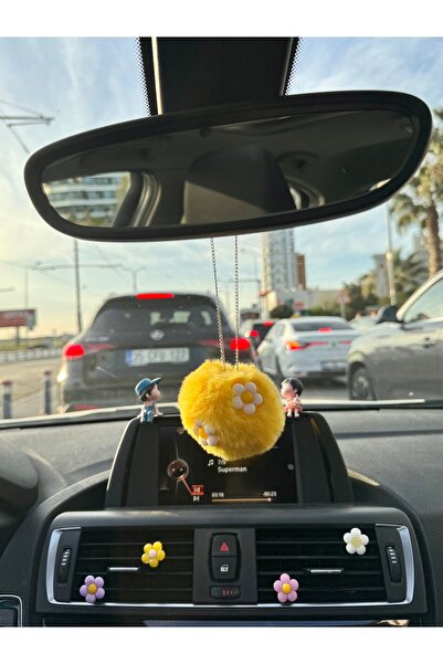 senfida زخرفة الرؤية الخلفية للسيارات زهرة بوم بوم من القطيفة الصفراء مع زخرف...