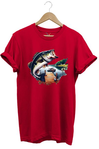 WİDİ Black Bass Printed Landscape T-Shirt Fishing Reguler Fit Cotton 100%