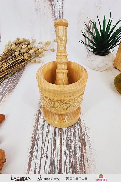 MONTESEV El Yapımı Ahşap Ağaç Havan Sarımsak Döveceği ( Yaldızlı Lüx 10 luk )