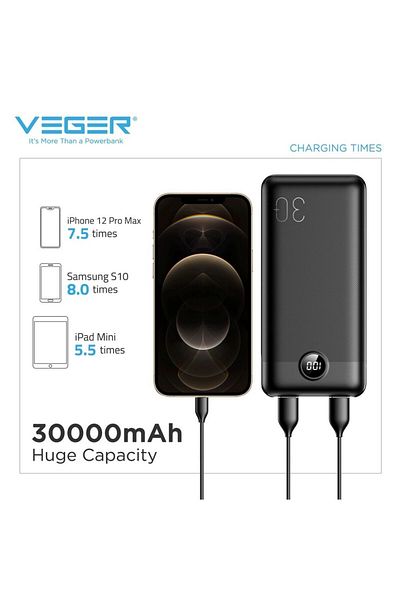 megaMobile Acumulator extern Veger L30, Fast Charge, 30000 mAh, PD20W, Display LED, Black