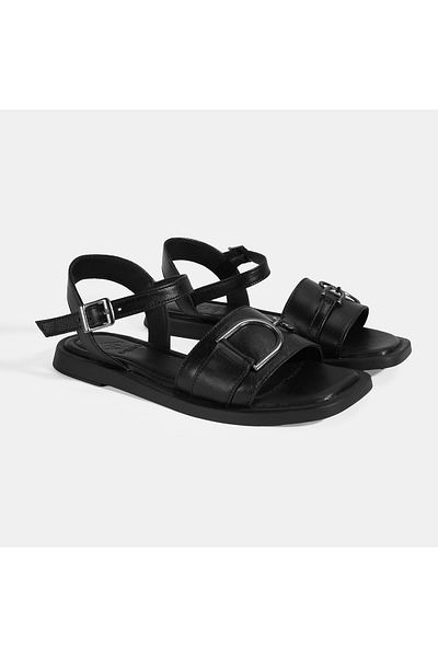 Desa Black Women's Adjustable Buckle Leather Sandals with Metal Accessories