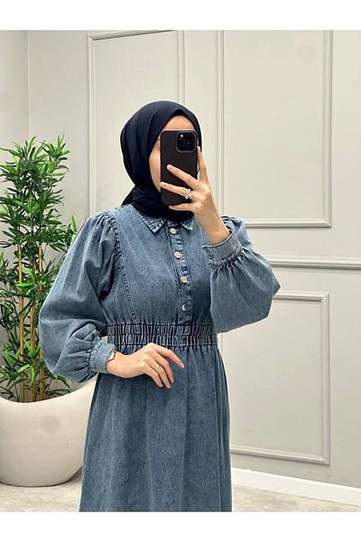 OlaLady Rochie de damă din denim hijab cu talie dublă elastică cu nasturi în față
