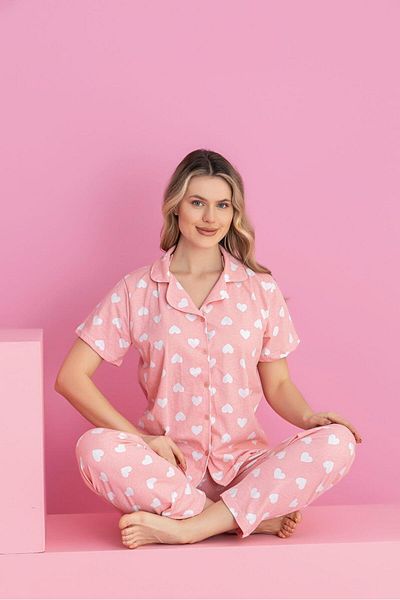 ZambakModa White heart button pink pajama set