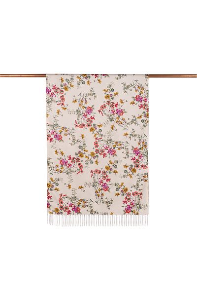 ipekevi Cream Red Flower Crown Patterned Silk Shawl