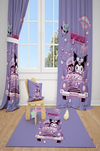 dekomingo Car Kuromi Lila Patterned 2 Wing Background Curtain