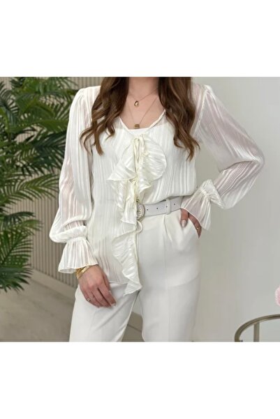 neslihansarıca gömlek , ekru bağlama detaylı önü fırfırlı gömlek