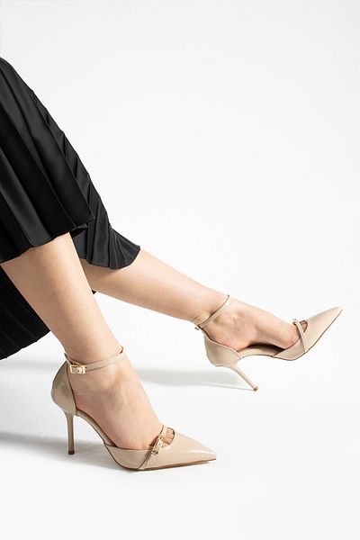 Güllü Shoes Pantofi de damă stiletto din piele vegană bej strălucitoare Toc subțire de 9 cm Varf ascuțit Elegant Confortabil