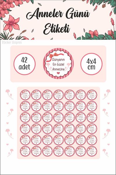 Sticker Ekspres Mother's Day Label with Ribbon and Flowers Waterproof Sticker