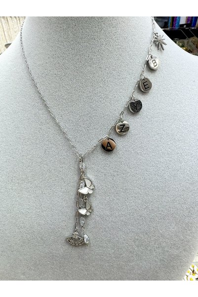 Gümüş sandık Round Letter Steel Necklace, Name or Single Letter
