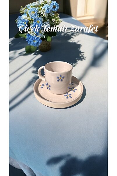 PINKU Ceramics Blossoms Handmade Embossed Floral Turkish Coffee Cup Set – 2 Piece Set (Cup Dish)