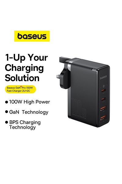 Baseus GaN5 Pro 100W Charger 2 Type-C + 2 USB-A, UK Plug with 100W Type-C Cable 1M - Black