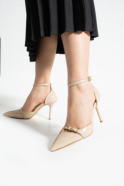 Güllü Shoes Pantofi de damă stiletto din piele vegană bej strălucitoare Toc subțire de 9 cm Varf ascuțit Elegant Confortabil