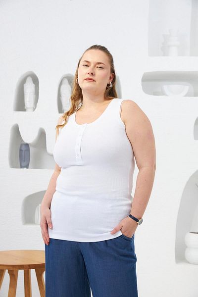 RMG Front Snap Plus Size Tank Top White