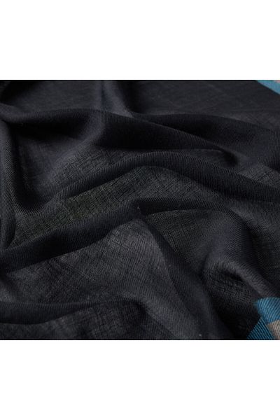 ipekevi Șal de mătase din lână cu model de borduri din tartan albastru negru