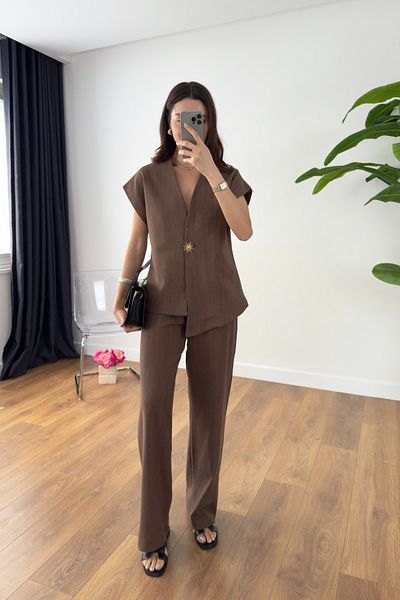 BİRCANÇİL Moona Bitter Brown Gold Buttoned Vest Suit