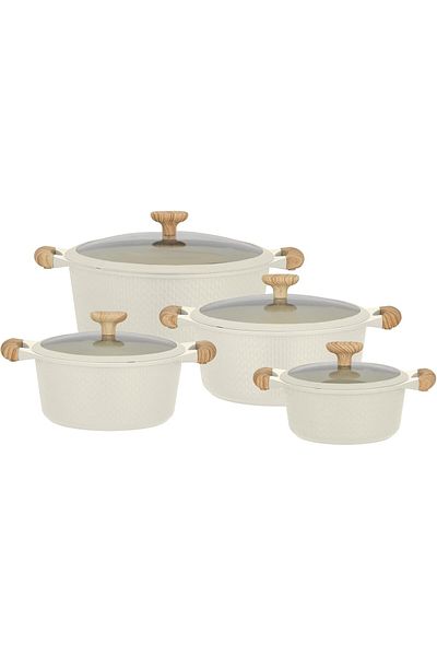 ALSAIF 8-Piece Cookware Set by Alsaif, Durable Non-Stick Interior, Insulated Wooden Handles, Glass Lids, Ak
