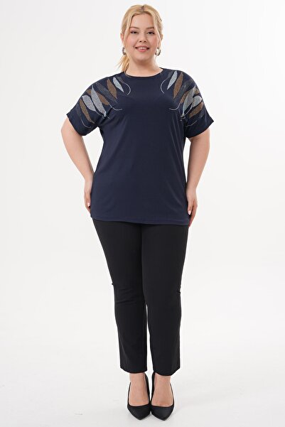 Siyezen Large Size Oversize Blouse with Gold Stone Printed Shoulders