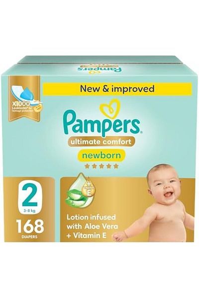 Pampers Ultimate Comfort Taped Diapers, Size 2, 3-8kg, Lotion infused with Aloe Vera and Vit E, 168